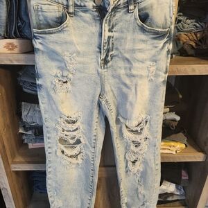 Distressed Light Blue Straight Leg Jeans